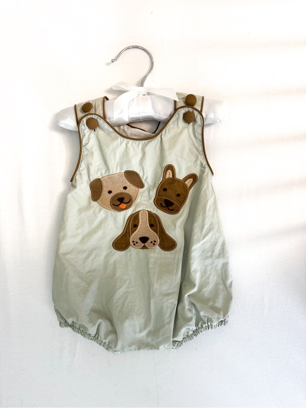 Baby Romper with Dog Appliqués in Pale Mint and Brown